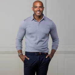 Bellagio Three Button Long Sleeve Merino Polo-Collars & Co Clearance