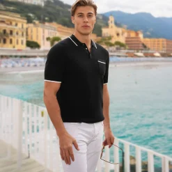 Riviera Waffle Knit Polo Black-Collars & Co Outlet